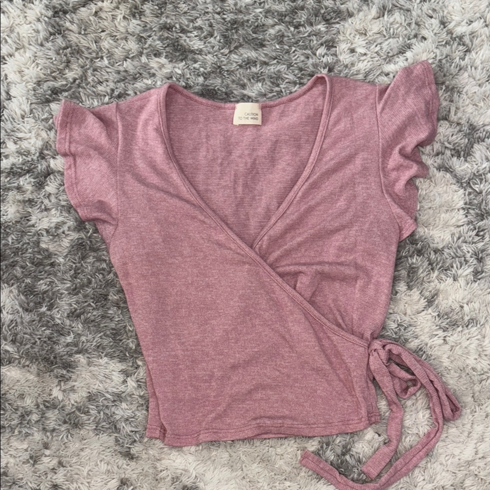 Caution To The Wind Pink Flutter Sleeve Wrap Blouse